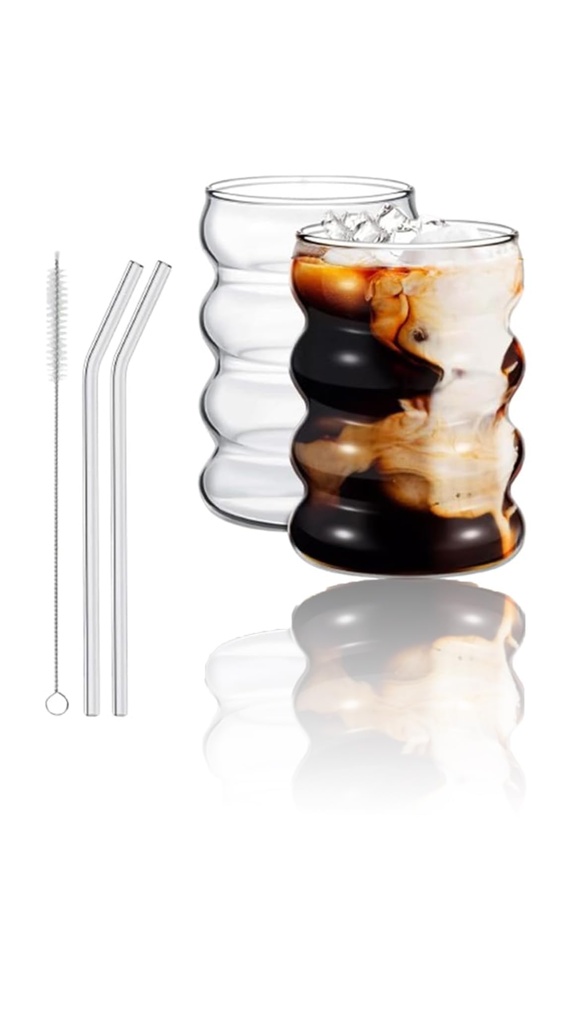 – Set of 2 Glass Drinking Glasses with Glass Straw - 10oz (300ml) Glassware Set for, Iced Coffee- Perfect for Water, Soda, and Tea - Includes Cleaning Brush - Great Gift Idea
