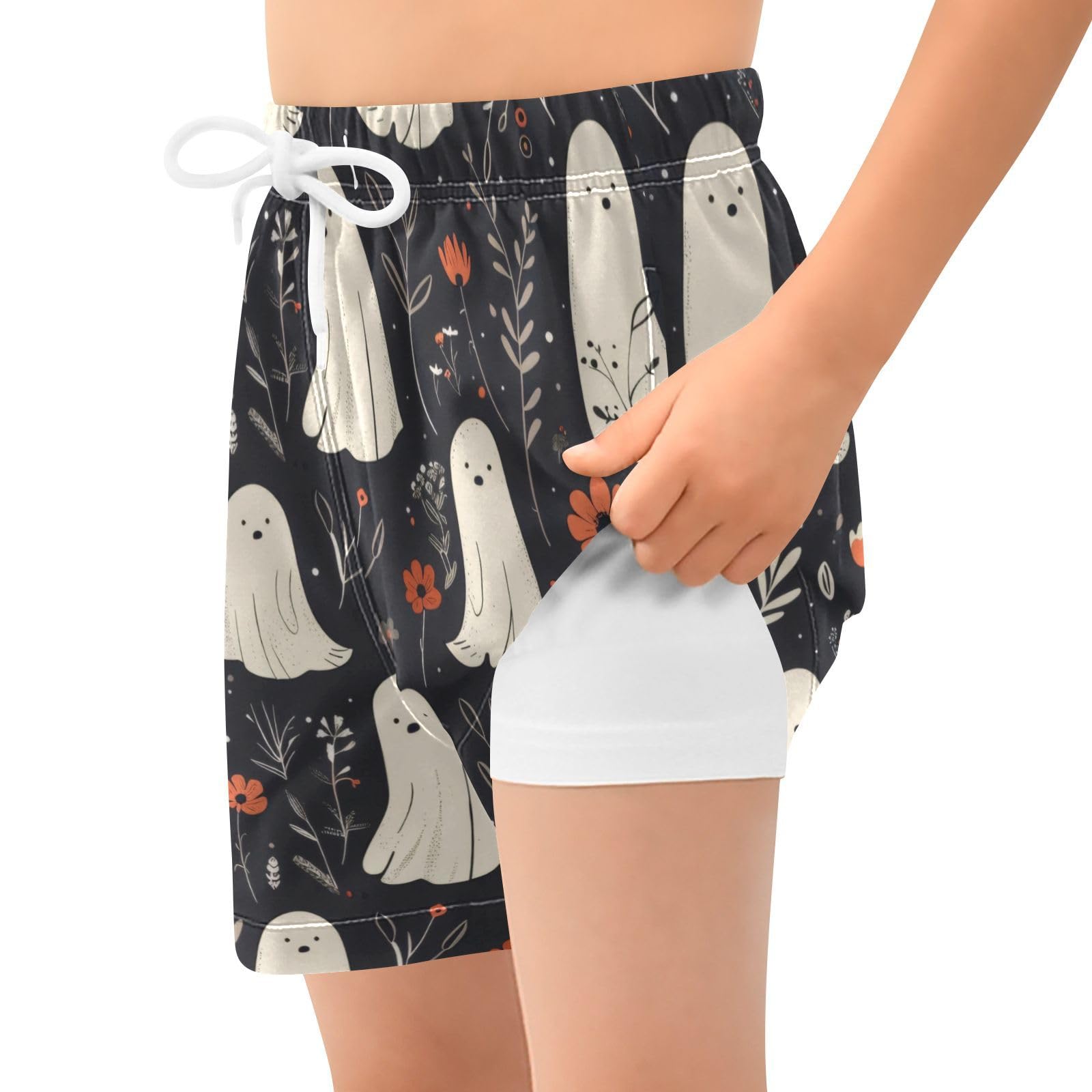 FLildon Halloween Cute Ghosts Boys Swim Trunks with Compression Liner Quick Dry Bathing Bottom Kids Beach Shorts, 7 Years
