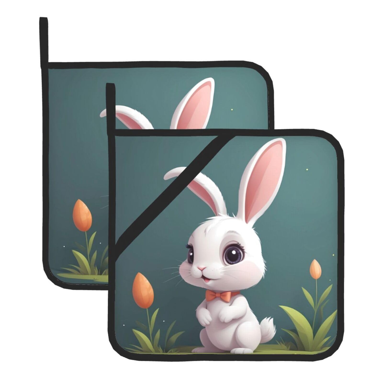 HJFCZH Cute Rabbit Printed Square Insulated Pot Mat Set (2-Piece) 8x8in Waterproof, Thickened & Easy to Clean with Lanyard Design for Kitchen, Oven & BBQ