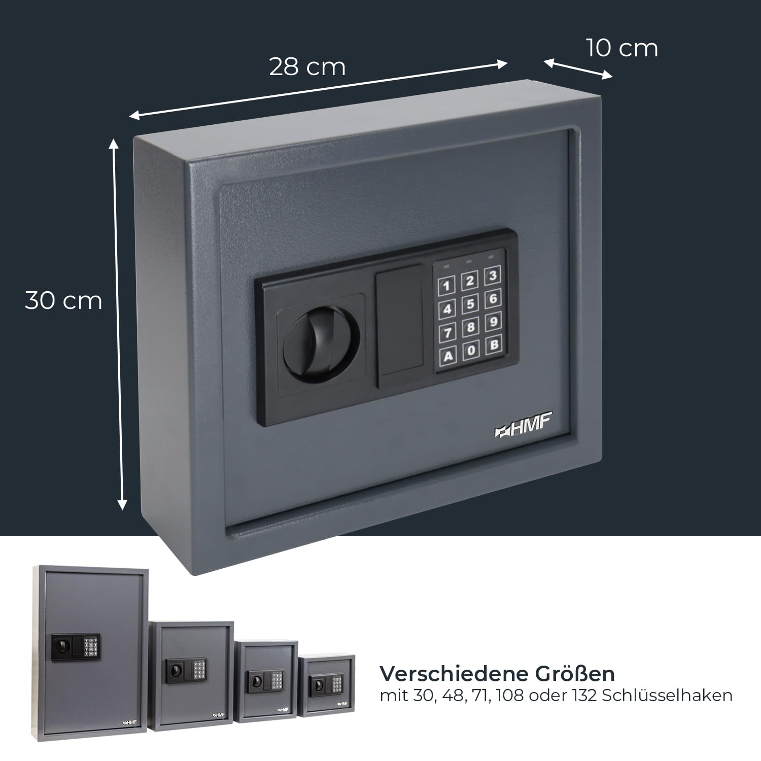 HMF Schlüsseltresor mit Zahlencode, Schlüsselsafe mit Elektronikschloss | 30 Haken | 30 x 28 x 10 cm | Anthrazit