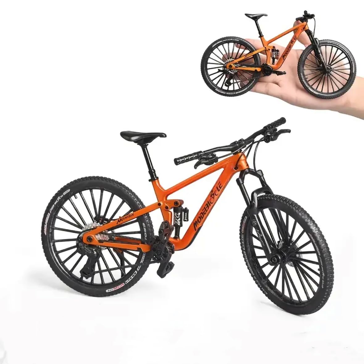 1: 8-ratio die-casting mini mountain bike toy, miniature finger bike model, alloy cake decoration, desktop ornament, bicycle enthusiast, bicycle racer, athlete, child, boy, girl (orange)