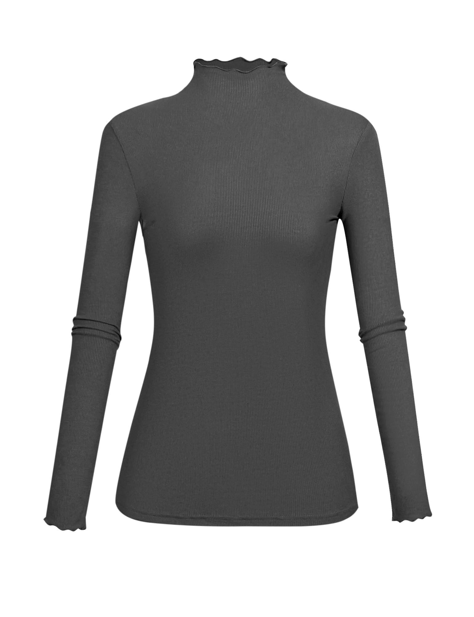 Lightweight Ruffle Mock Neck Tops Ribbed Lettuce Trim Soft Base Layer for Women, Grey, X-Small-Small-image-9