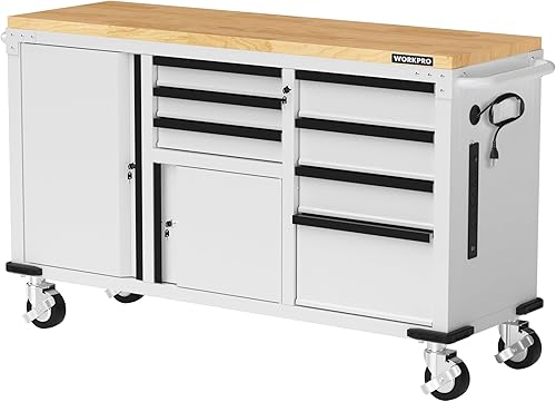 WORKPRO Cofre de herramientas con 7 cajones y 2 puertas de 62 x 20 pulgadas, armario móvil de almacenamiento de herramientas con regleta eléctrica,