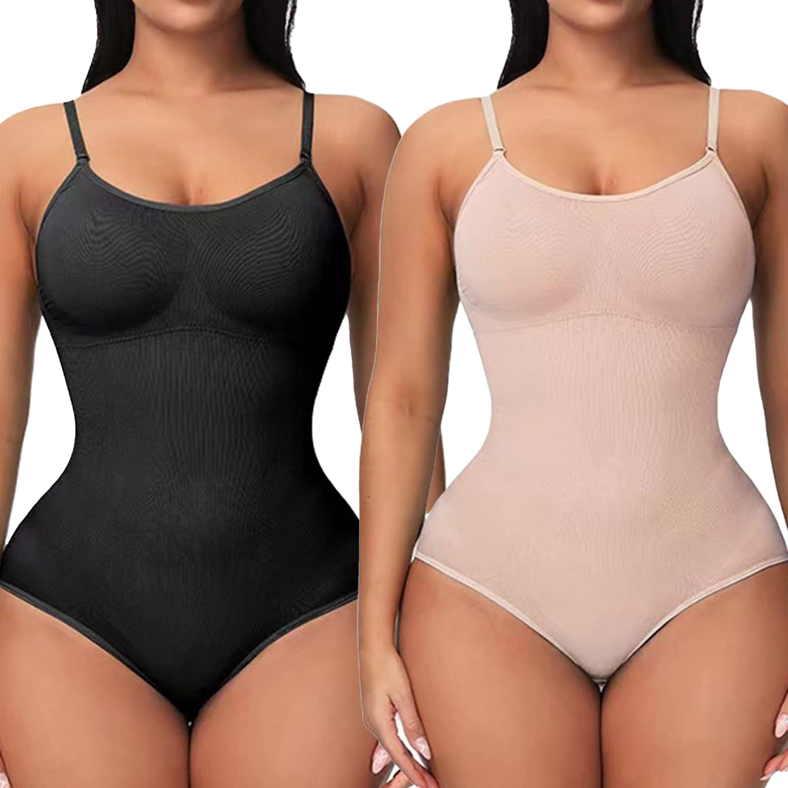 TERRIFI 2 Pack Bodysuit for Women - Seamless Tummy Control Shapewear Sculpting Thong, Sleeveless Women Body Shaper with Butt Lift & 3 Hooks, Elastic Fabric, Adjustable Shoulder Strap, Fitted Design-XL