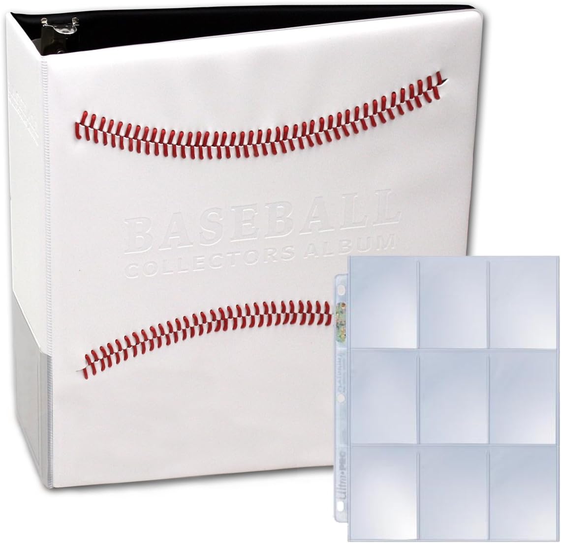 White Stitched Baseball Card Collectors Album with 25 Premium Ultra Pro 9 Pocket Pages Included (3" D-Ring Binder w/25 Pages)
