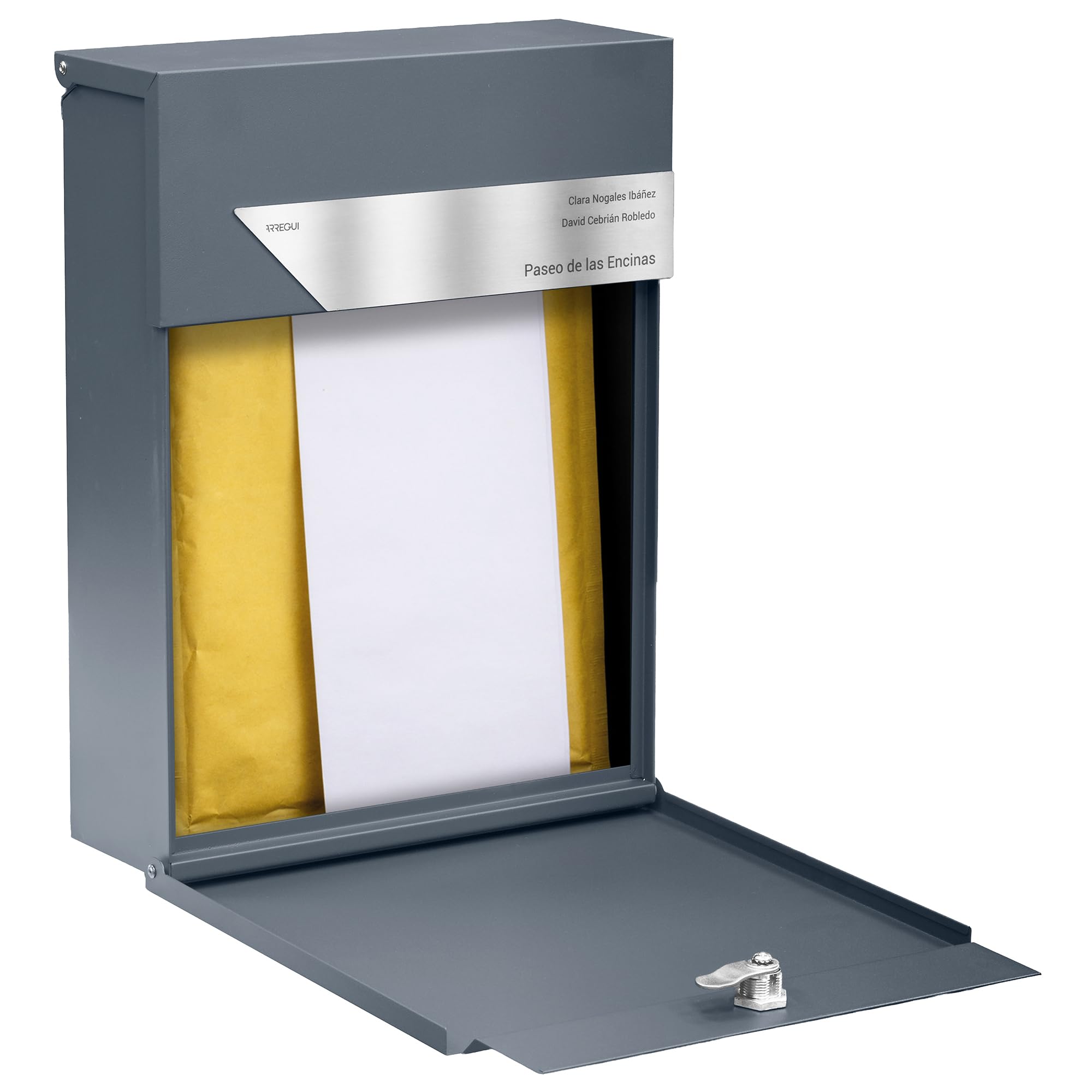 ARREGUI Figure E6705CB Briefkasten aus Stahl | Personalisiert mit Lasergravur | Moderner Wandbriefkasten für DIN A4 Post mit Edelstahl Namensschild für Name und Adresse | Anthrazit