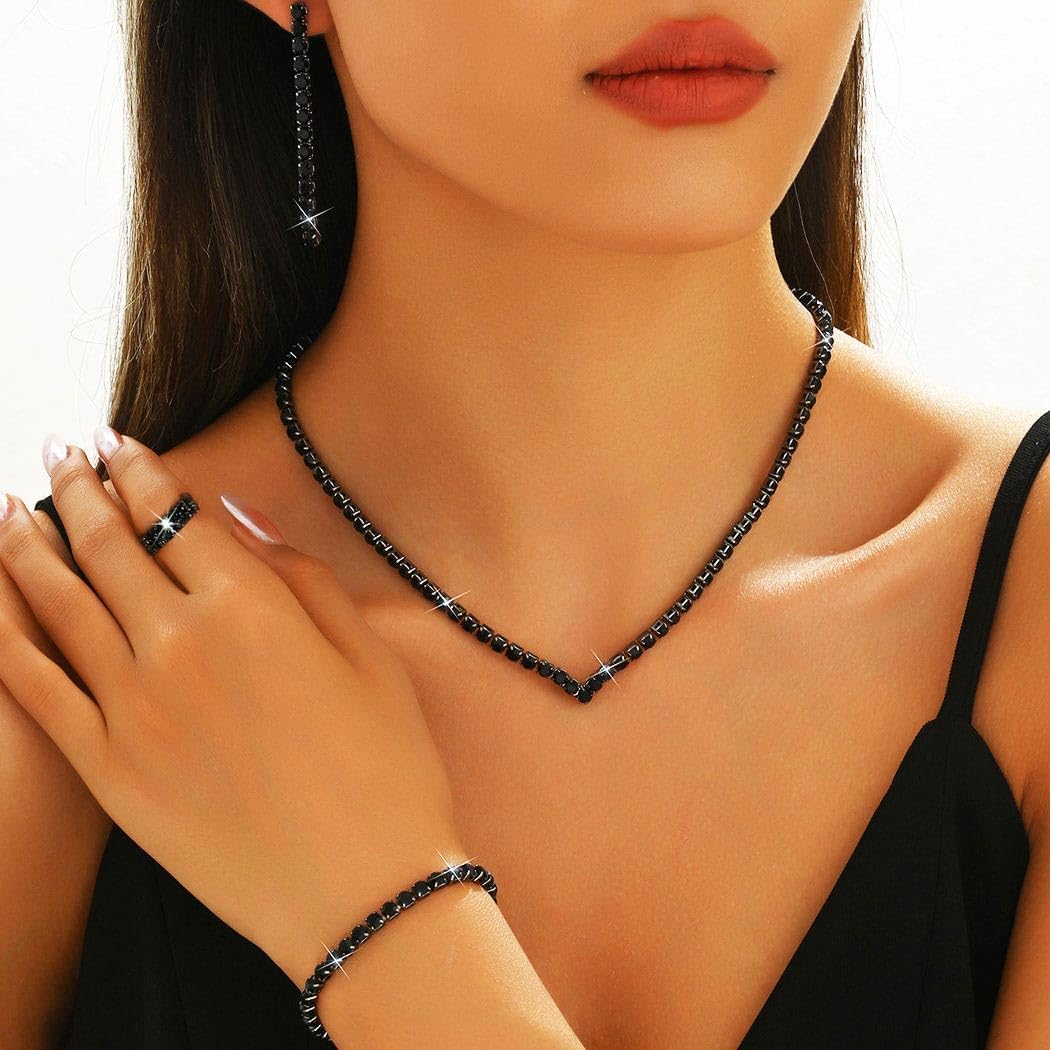 Aukmla Rhinestones Bridal Jewelry Set Sparkly Crystal Bride Wedding Necklace Earrings Bracelet Ring Sets Prom Jewelry for Women - Image 6