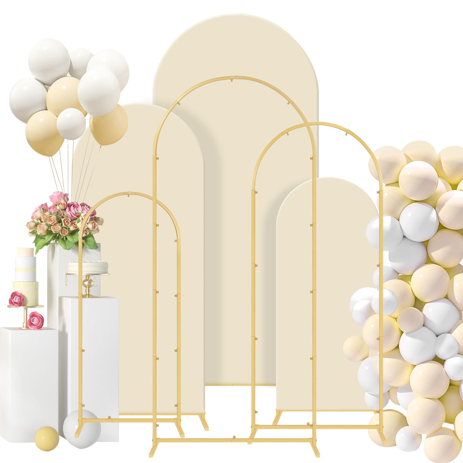 Photo 1 of Gawicpy Wedding Arch Backdrop Stand Set Metal Arch Backdrop Stand with Wedding Arch Cover, Wedding Balloon Arch Backdrop Stand for Birthday, Baby Shower, Anniversary (Beige, 4FT+5FT+6FT)