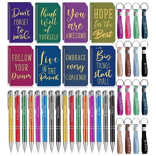 PerKoop 48 Pcs Inspirational Gifts Set Inspirational Quote Notepads 3 x 5 Inch Motivational Ballpoint Pens Keychains Bulk Colorful Journal Notebooks for School Office Party Favor Supplies