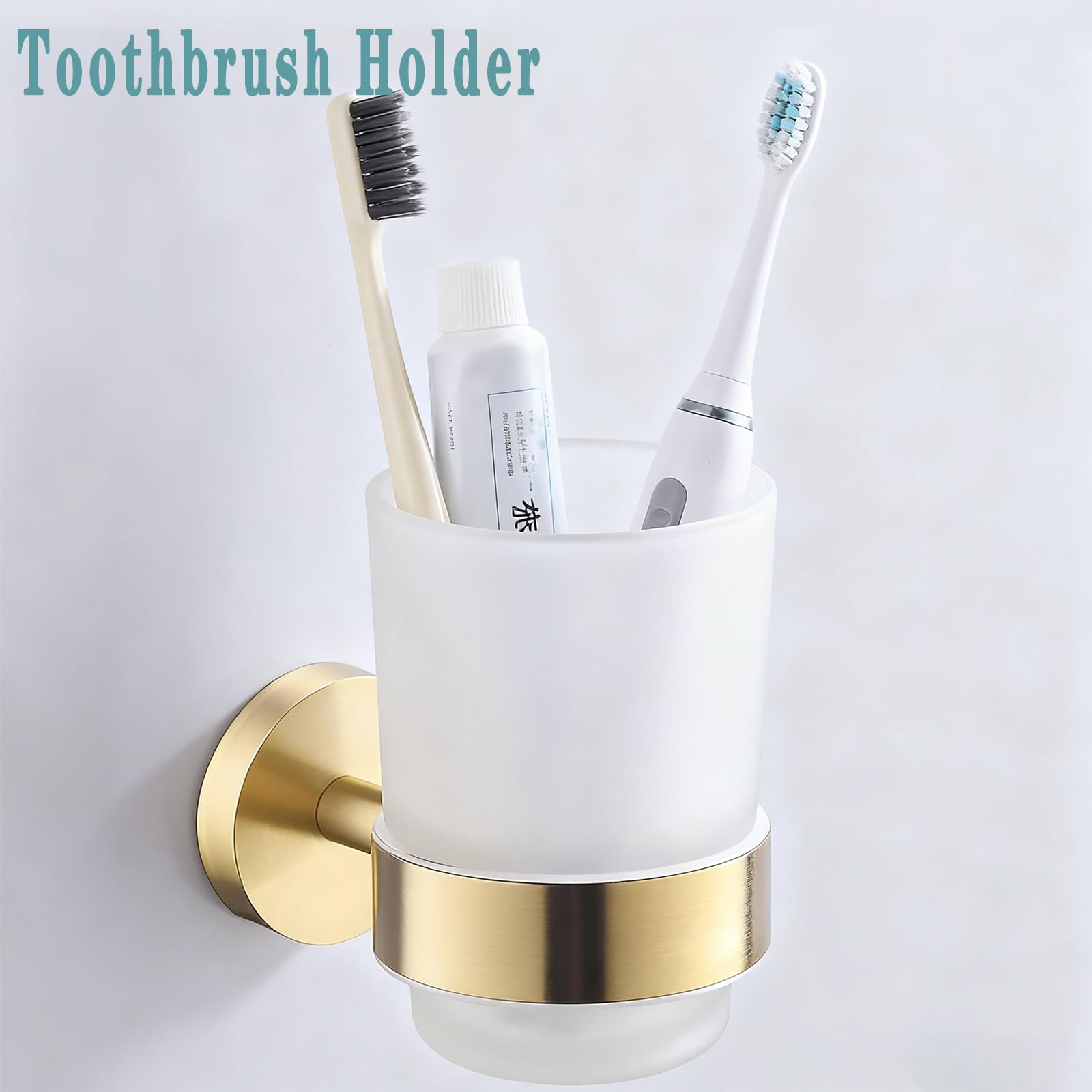 Soporte para cepillo de dientes, soporte para cepillo de dientes montado en la pared, dorado cepillado, soporte de acero inoxidable 304 con taza de vidrio esmerilado para accesorios decorativos de