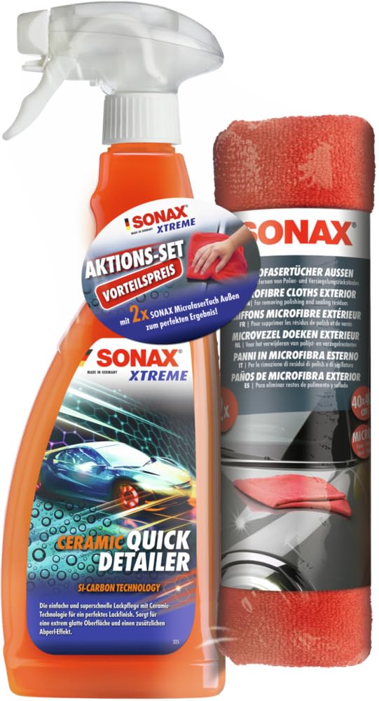 SONAX Xtreme Ceramic QuickDetailer + MicrofaserTücher Außen AktionsSet (750 ml) mit einem Doppelpack hochwertiger MicrofaserTücher | Art-Nr. 02687410
