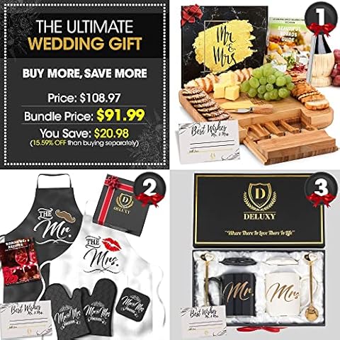 DELUXY Mr & Mrs Wedding Gifts For Couple Bundle - The Ultimate Gift Set, Best Bridal Shower Gifts For Bride, Engagement Gifts For Couples- Coffee Mugs, Aprons, Cheese Board Includedâ€¦ Cover
