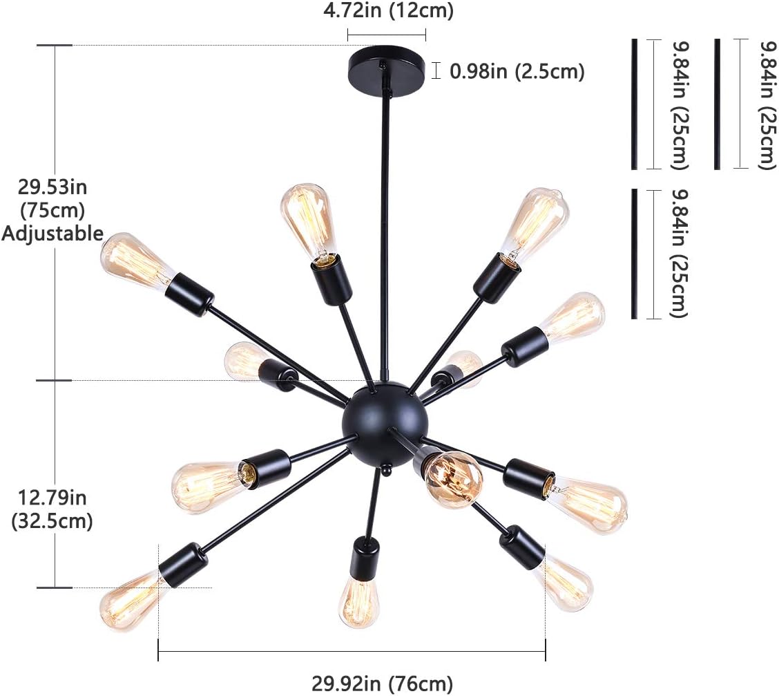 Merbotin 12 Lights Black Sputnik Chandeliers Mid Century Semi Flush Mount Ceiling Light Modren Hanging Lighting Fixture for Dining Room Kitchen Island Living Room Bedroom, Black: Home Improvement