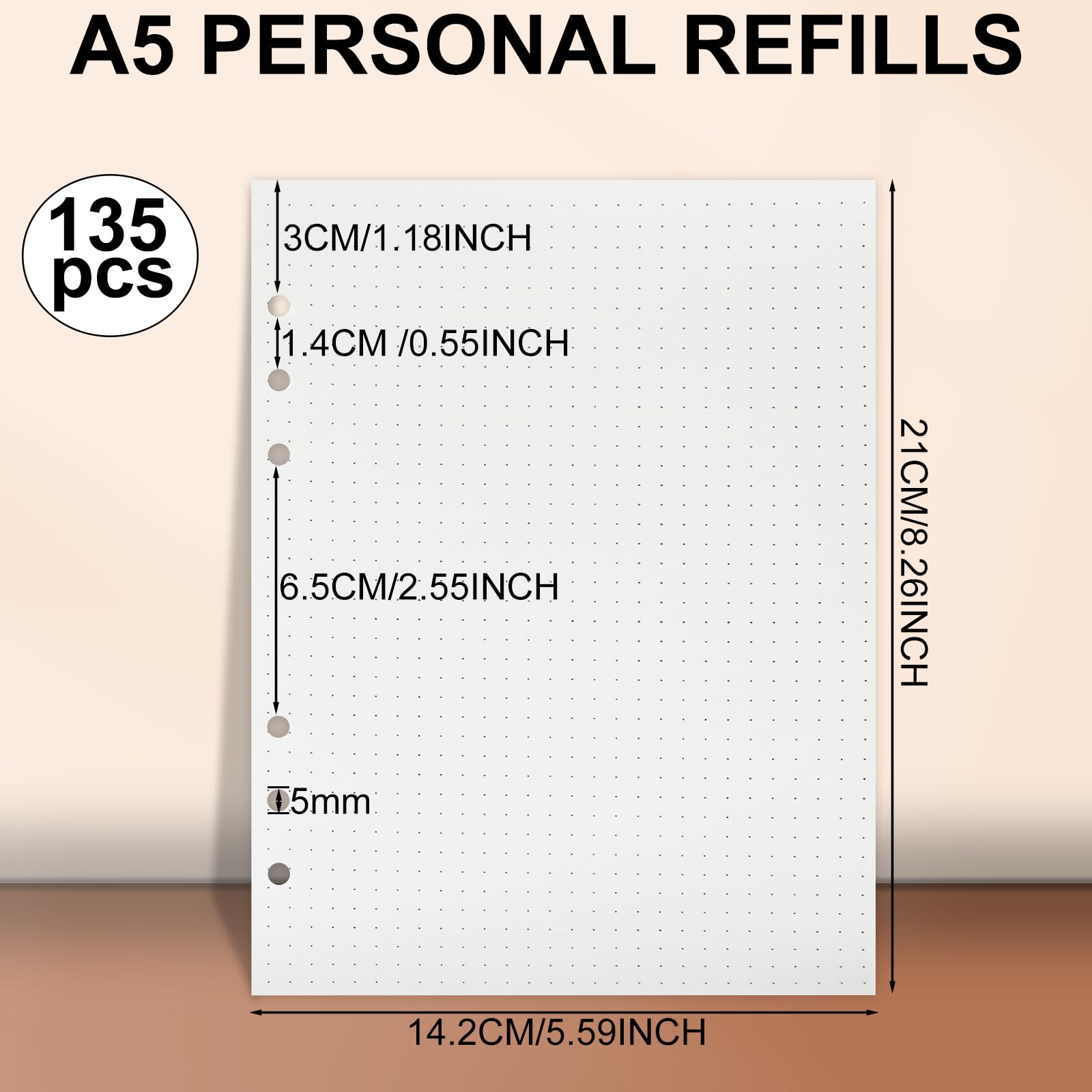 Carta A5 a pois 6 raccoglitori ad anelli 135 fogli ricaricabile bullet journal