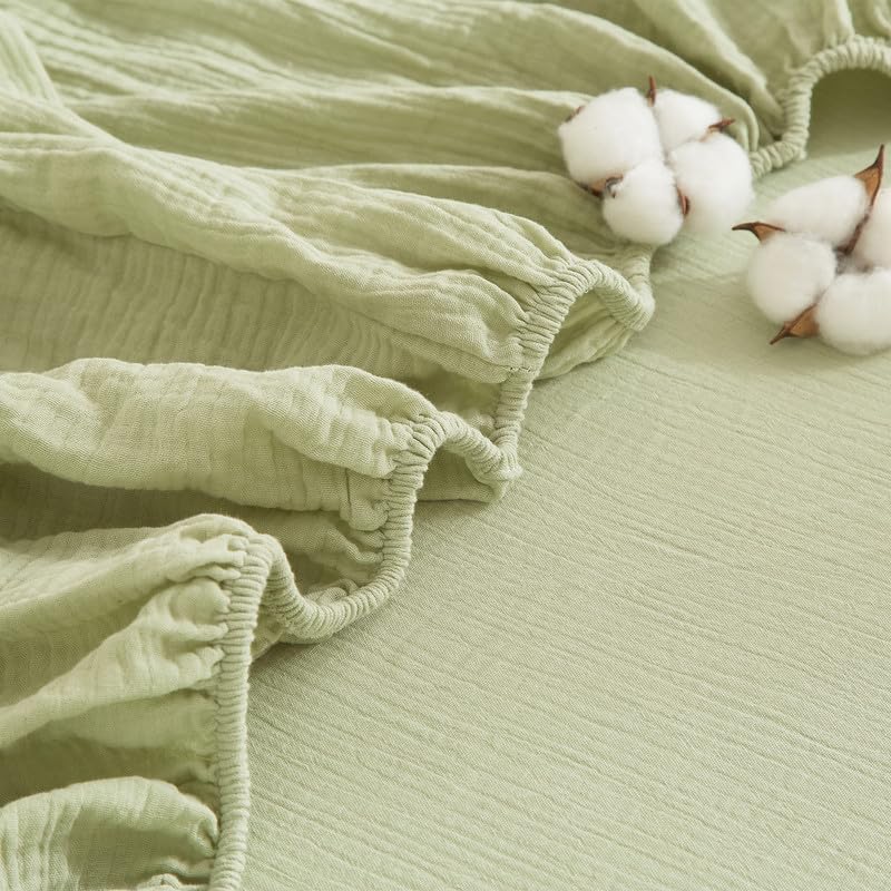 Gezu Spannbettlaken 180x200cm Doppelte Muslin Grün Weich 100% Baumwolle Muslin Hypoallergen Thermoregulierend Spannbetttuch Bettlaken 180x200cm Spannbettlaken Sommer für bis 30cm Matraze