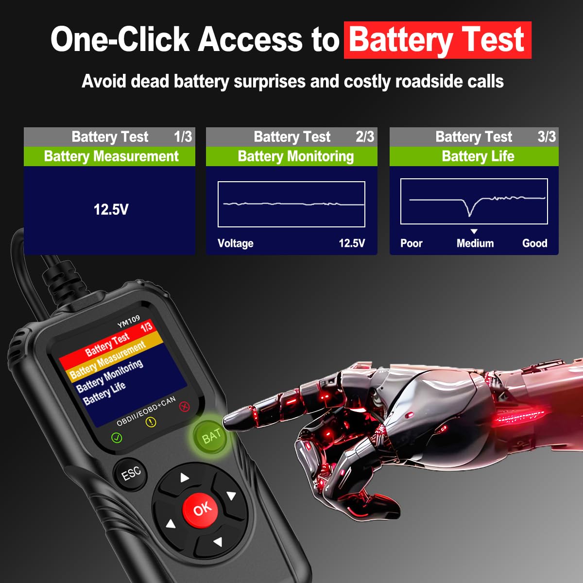 Scanner OBD2 con tester per batteria, lettore di codici auto per spia di controllo del motore, dati in tempo reale, tensione della batteria e durata della batteria, strumento diagnostico per