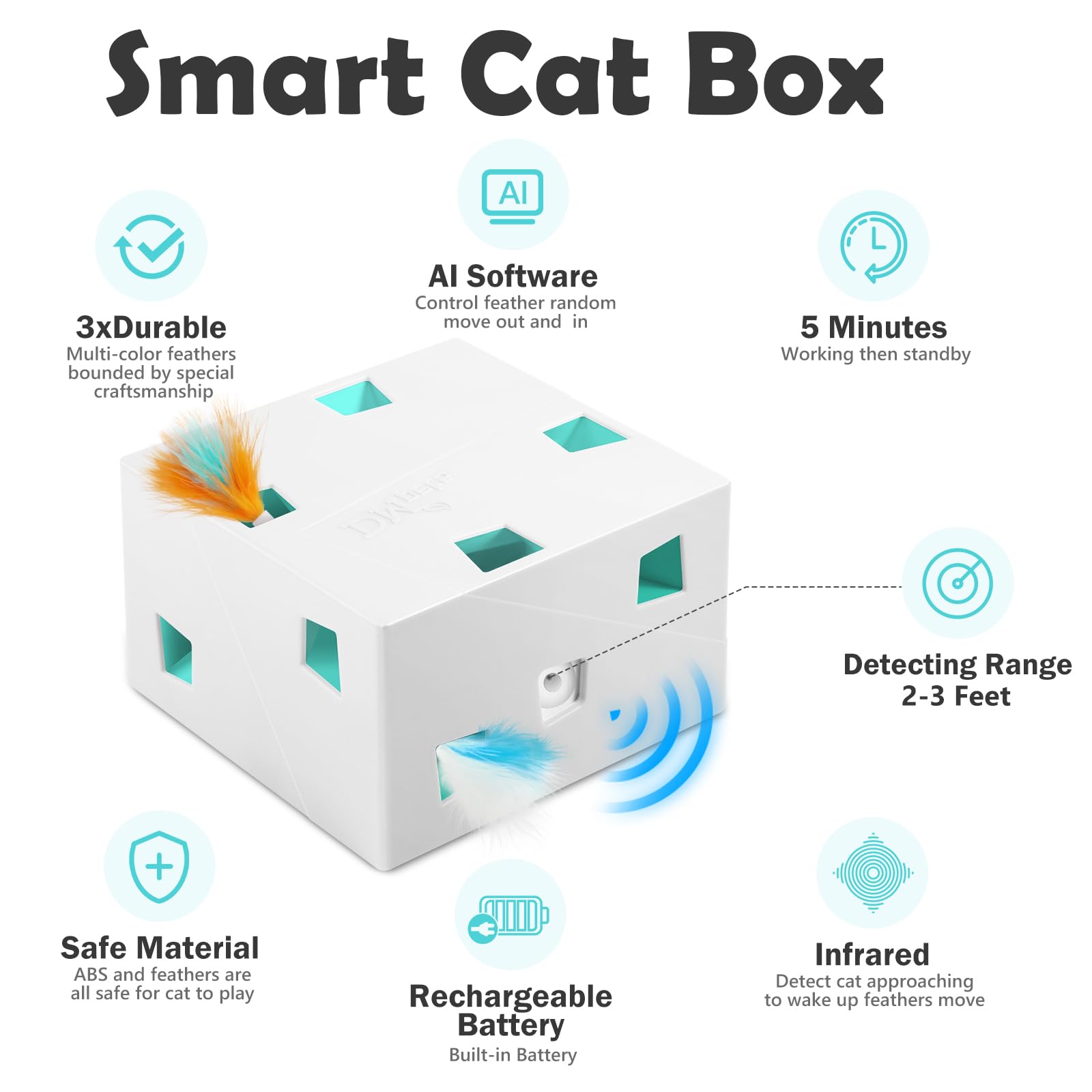 Migipaws MigiBox Plus - Juguetes automáticos para gatos, 3 en 1, interactivos, misterio bajo PopSkin, 12 agujeros, cartón, juguetes para gatitos para interiores, recargables, 8 accesorios (blanco)