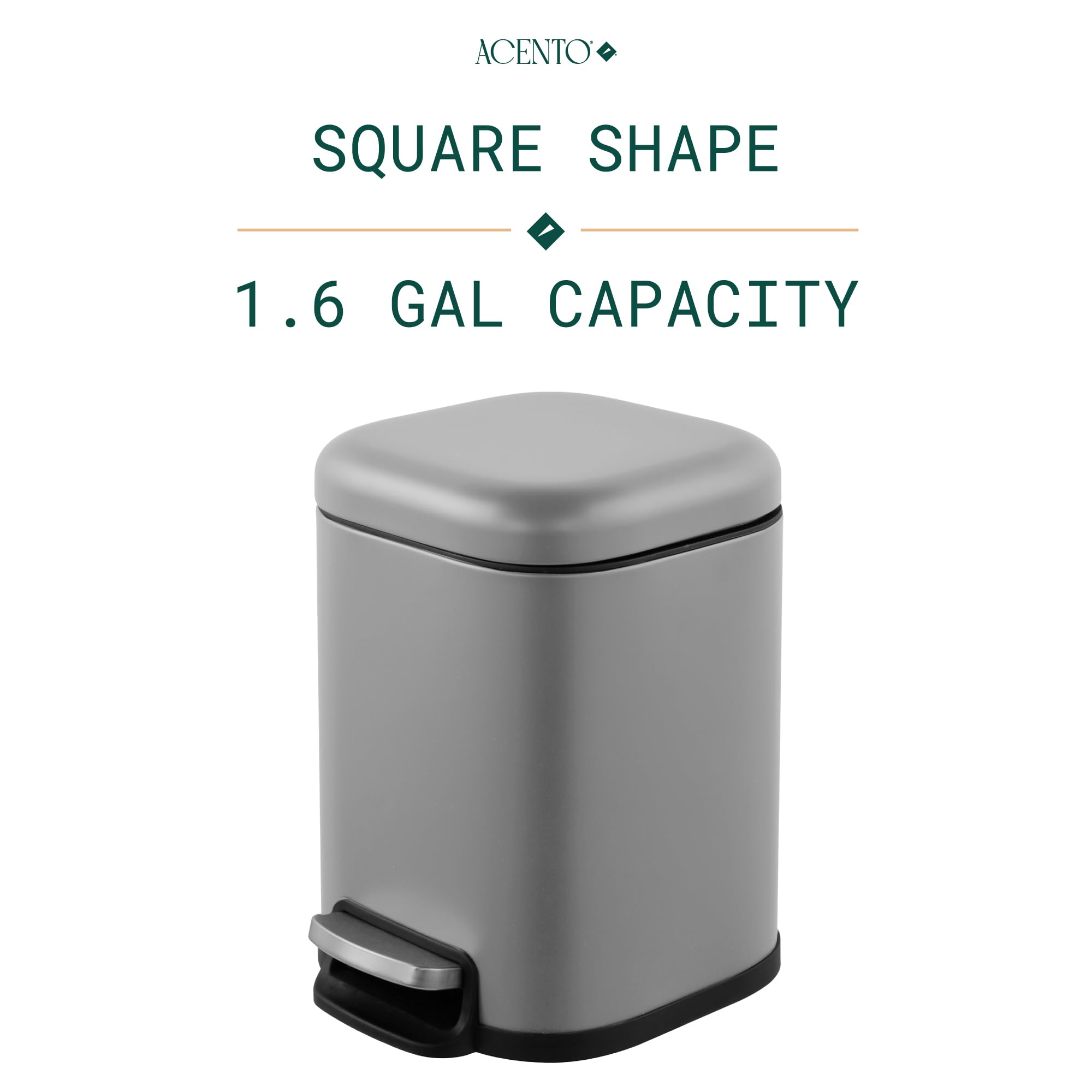 ACENTO Large Square Slow-Close Bathroom wastebin, 1.6 Gallon Trash can with Premium Pedal (Matte Gray)