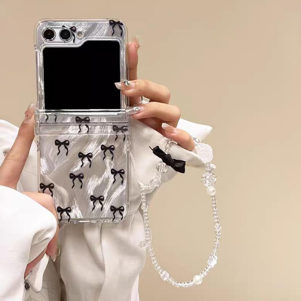 GO-VOLMON Lovely Bow Case for Samsung Galaxy Z Flip 6 with Gradient Laser Paper, Girls Clear Cute Cover Sweet Beads Strap, Elegant Woman Glitter Case