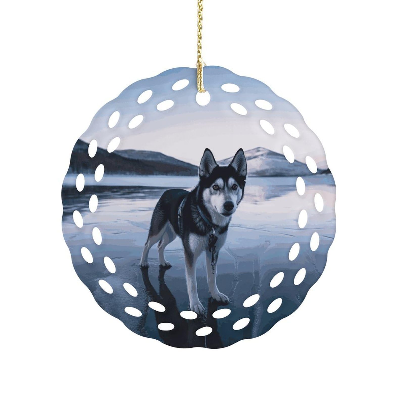 Btcowzrv Style Husky Dog On A Frozen Lake Ceramic Ornament,Round Ornaments With Hole Easy To Hang,Hanging Ornament For Wedding Party Home Window Garden Christmas Day Decor