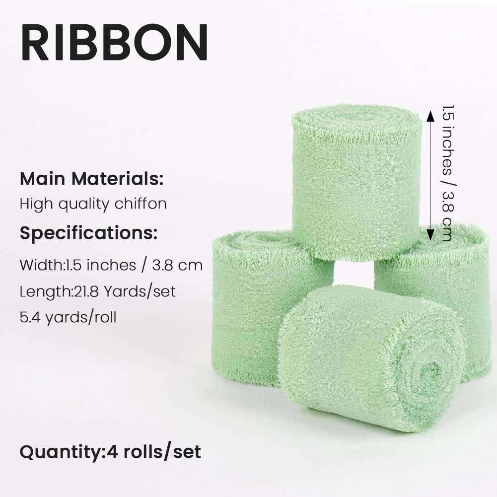AOOWU Chiffon Silky Ribbon 4 Rolls 1.5'' x 5.4 Yd, Handmade Fringe Silk Chiffon Ribbon Set Wedding Invitation, Bridal Bouquet - Image 2