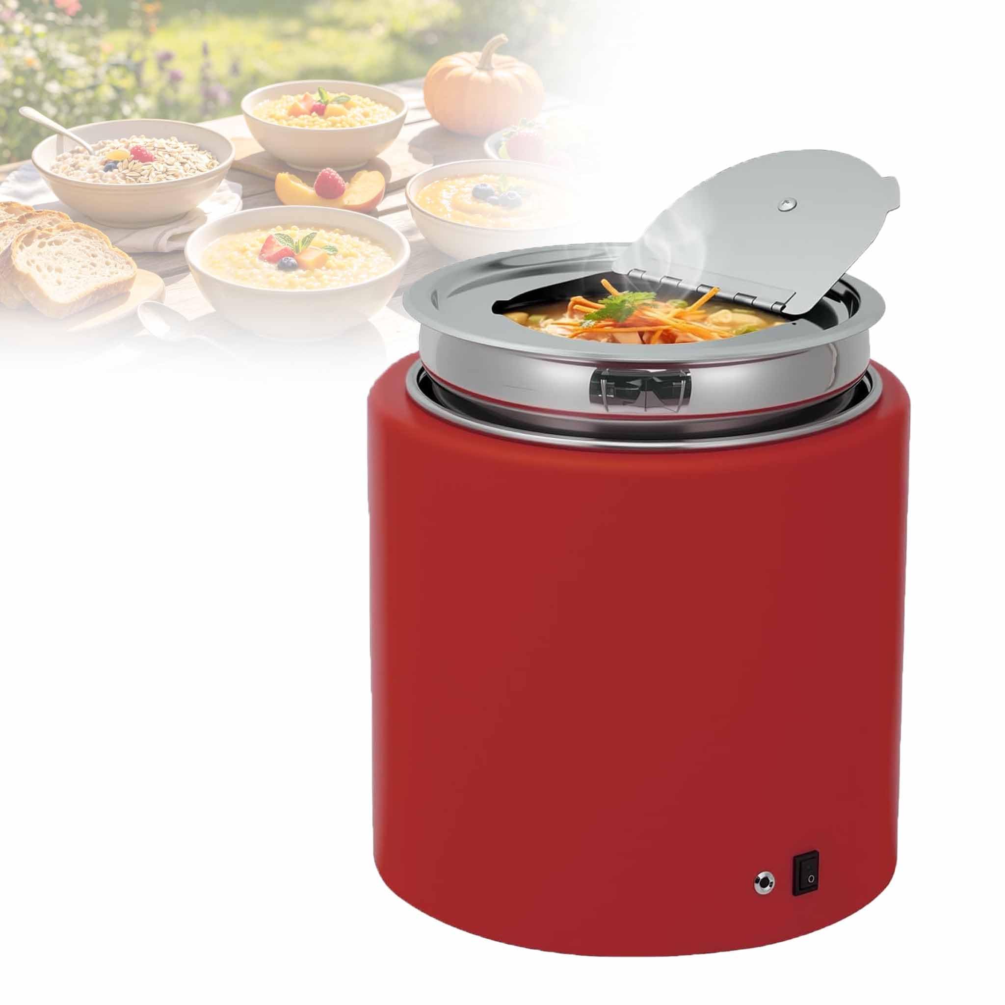 Calentador de sopa de acero inoxidable tipo marmita, eléctrico, con tapa abatible y recipiente extraíble; mantiene un calor uniforme y ofrece un control preciso de la temperatura;para fiestas. (Red )