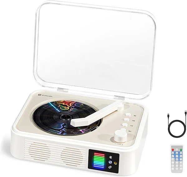 Vangoa Portable CD Player for Home, Wireless Rechargeable Small Desktop CD Player with Dual Built-in Speakers, Light Effects, Supports USB/AUX(Headphone), White