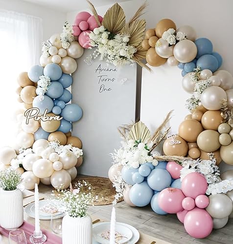 Miniatura 2 de Guirnalda de globos de color marrón rosa polvoriento, color azul y rosa, doble relleno, globos de arena blanca tostada, kit de arco de látex pastel