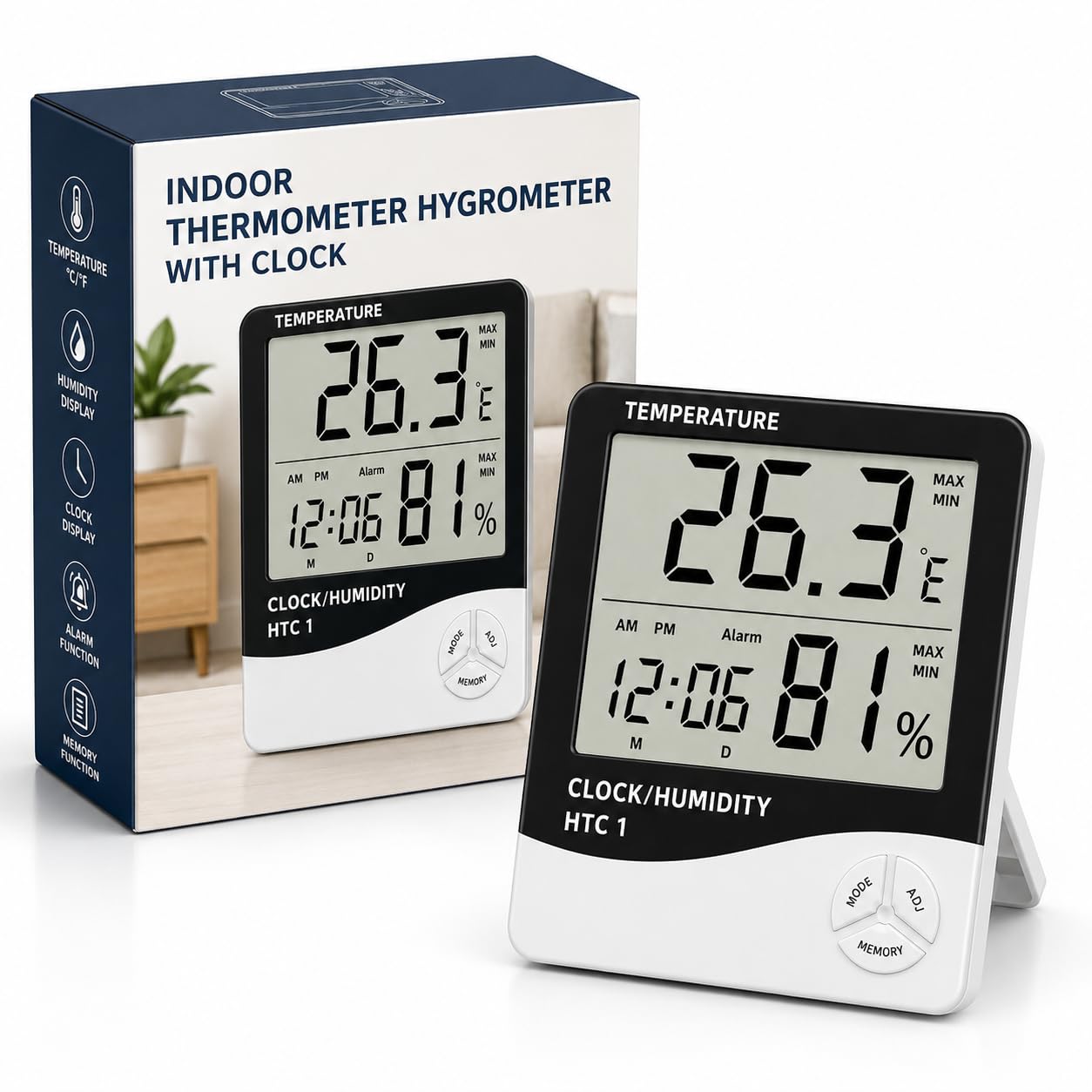 Digital Indoor Thermometer Hygrometer with Clock | LCD Room Temperature & Humidity Meter | Wall Mount & Table Stand | Real-Time Temperature Monitor for Home, Office, Bedroom & Nursery-image-3