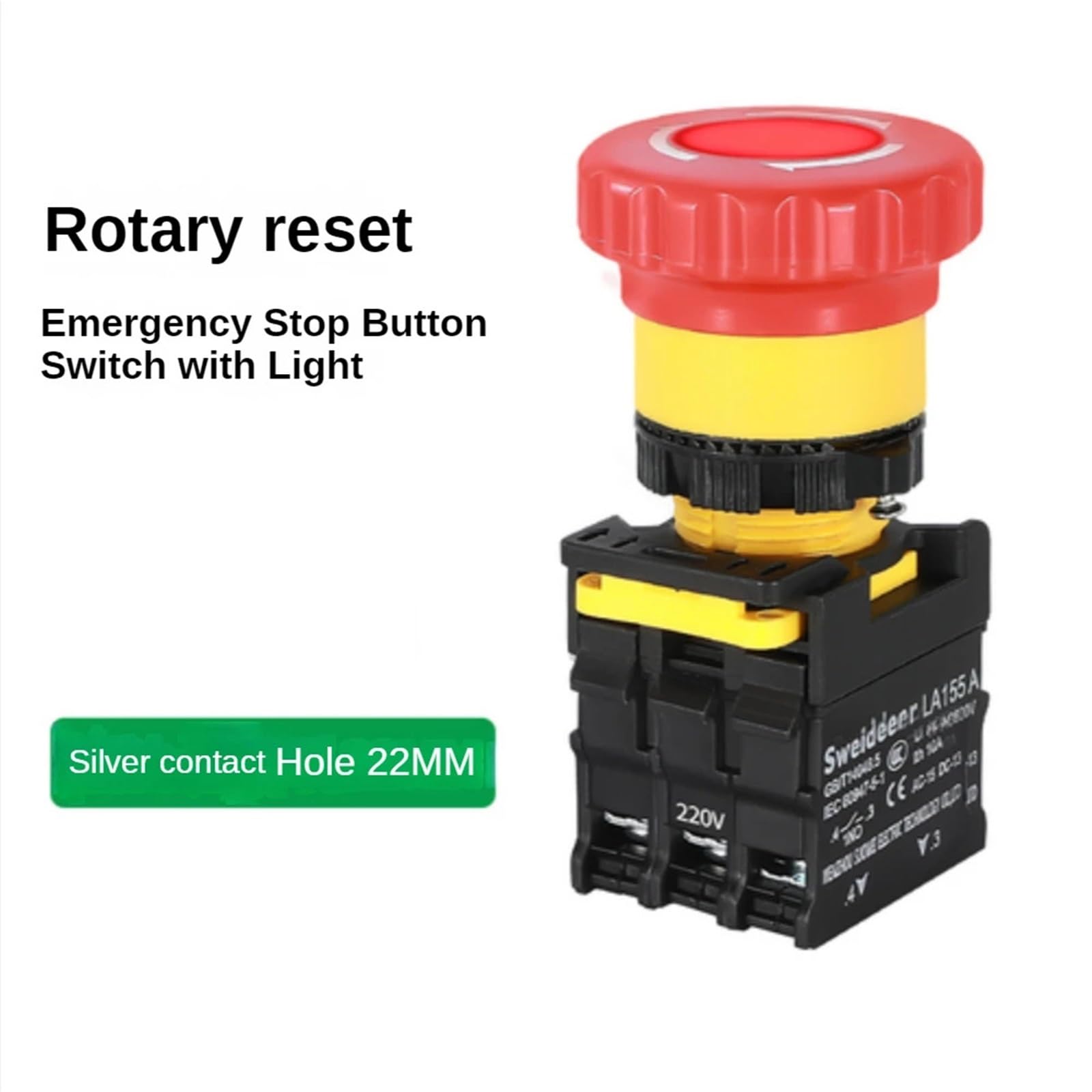 22 mm grzyb wyłącznik awaryjny przełącznik przyciskowy ze światłem, wyłącznik zasilania, elektryczny rozrusznik, 220 V, 10A NC (stop with light, 1NO_6V)