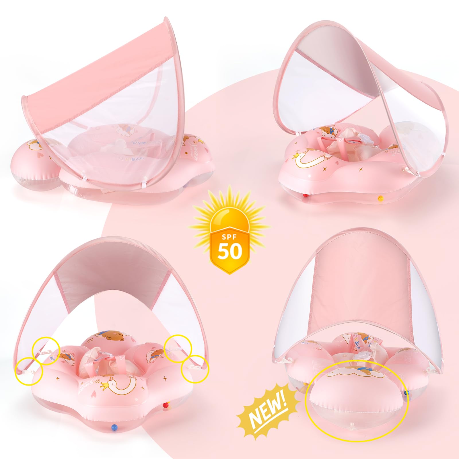 WYRIAZA Salvagente Neonato con Parasole | Ciambella Neonato Mare SPF 50+ | Salvagente 5-8Kgs Aggiornato con Sfera di Equilibrio per Evitare Il Ribaltamento (S 3-12 Mesi)