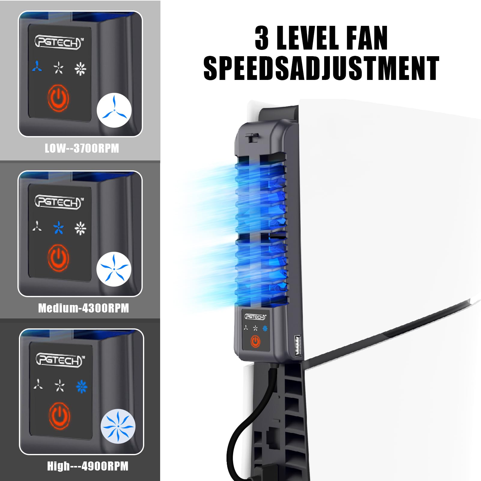 Ventilador PS5 Slim, Ventilador Silencioso Ajustable, Refrigeración PS5 Slim con Luz RGB y Puerto USB, Ventilador Eficiente para PS5 Slim Disc y Edición Digital