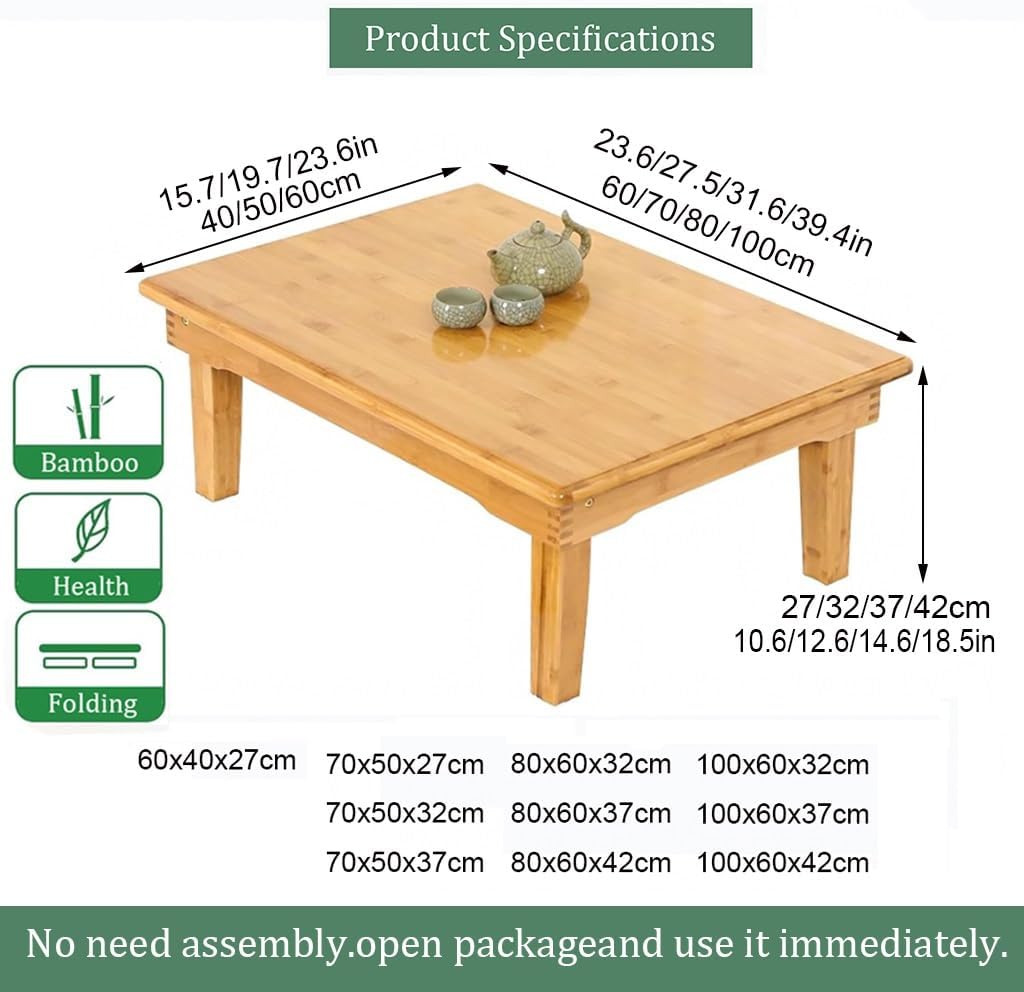 Folding Table, Japanese-Style Low Tea Table，Home Bamboo Dining Table，Study Table, for Sitting On The Floor Bedroom Bay Window (Size : 60x40x27cm)