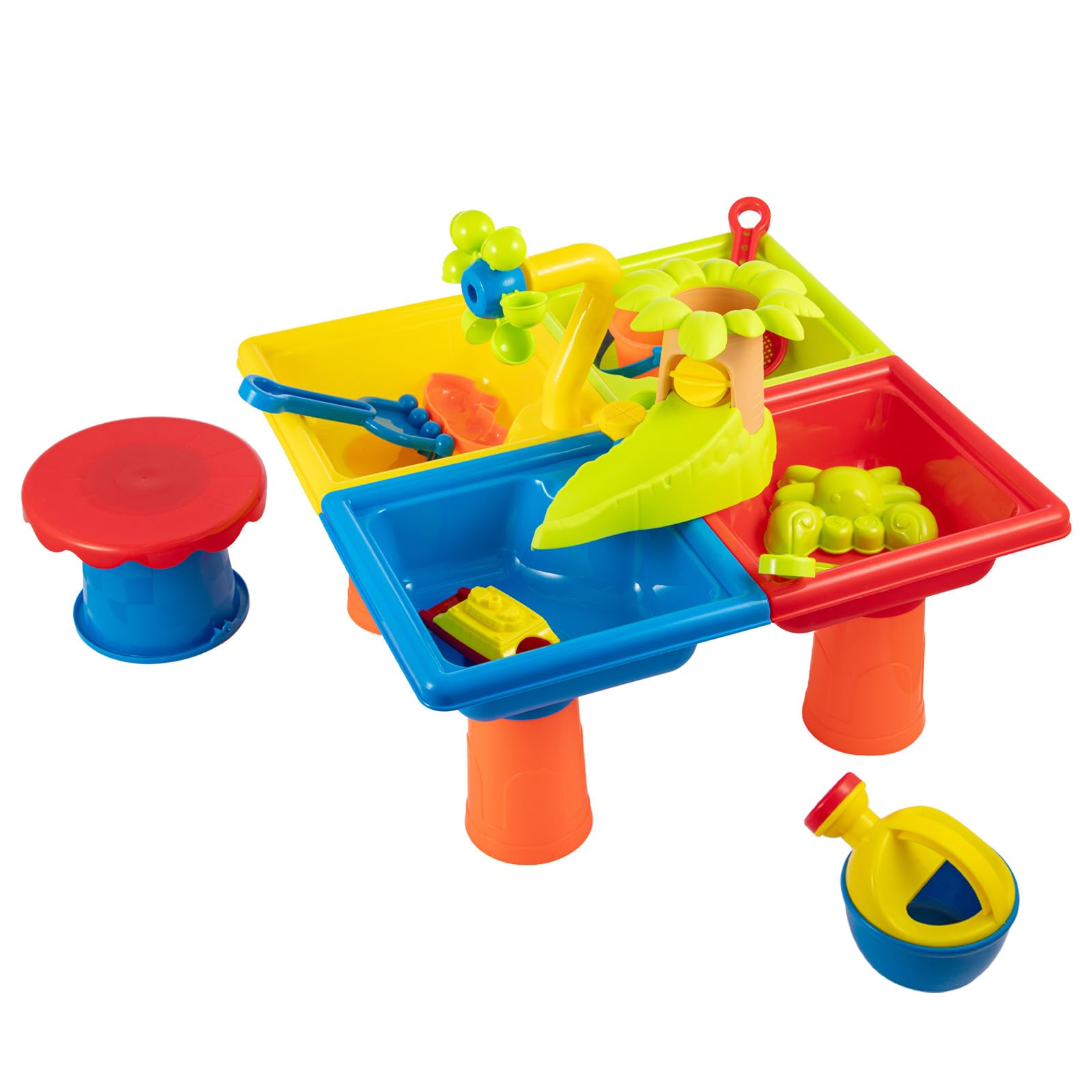 FERNVALE Sand and Water Table for Toddlers, Double Compartment Sensory Play Table Portable Outdoor Water Play Set with Water Wheel, Boat & Moulds for Kids 18 Months+ (25)