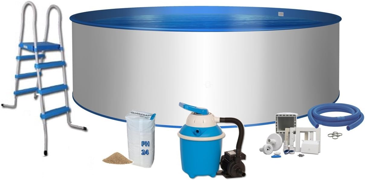 Pool Comfort Round Shape Diameter 4.5 m x 1.2 m Steel Wall 0.6 mm Foil Blue 0.6 mm Wedge Piping Steel Ladder 2 x 3 Steps with Platform Sand Filter System Flow 4 with 4.0 m³/h Quartz Filter Sand 25 kg 0.7 to 1.2 Grit Hose Connection Set with Hose Clamps