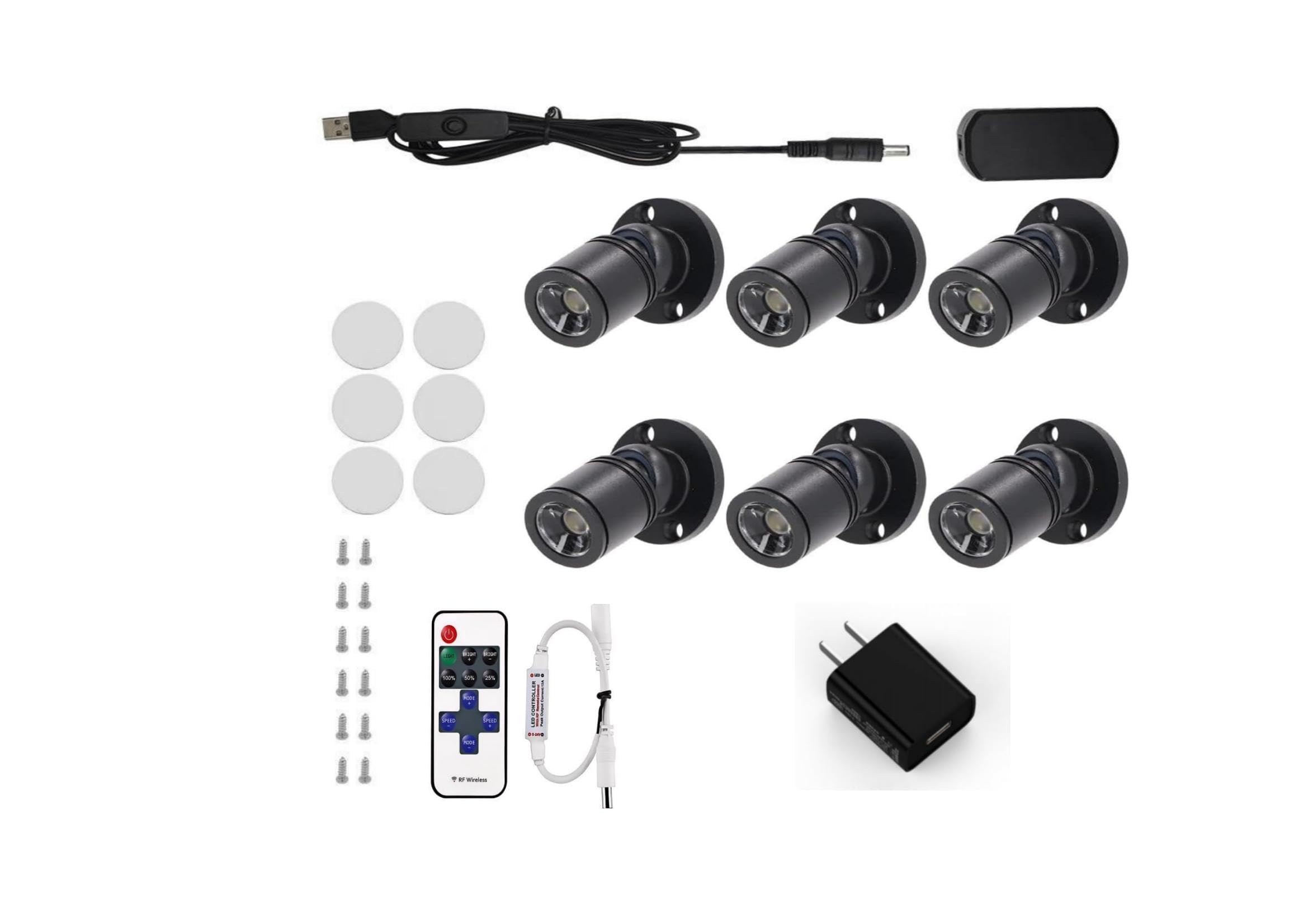 5V LED Mini Spotlights Colorful - Dimmable 1.5W 150lm Tiny Spotlights for Displays with Wireless Dimmer - Pack of 6