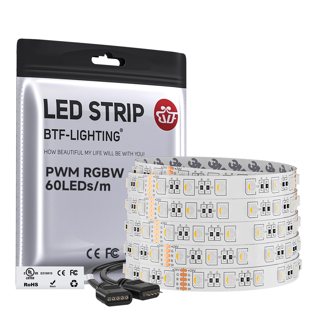 BTF-LIGHTING Striscia LED RGBW 4 colori in 1 5050 5M 60 LEDs/m RGB + Bianco Caldo 2700K-3000K DC24V IP30 PCB Bianco per Retroilluminazione TV, Cucina e Decorazione Casa(Senza Adattatore o Controller)