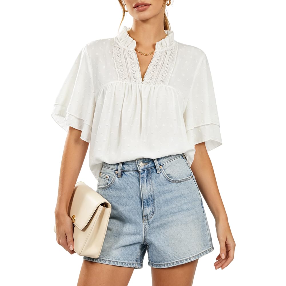 Boho zwiewne bluzki damskie z długim rękawem dekolt w serek elegancka koronkowa bluzka z falbankami do noszenia na co dzień przez cały sezon, damskie bluzki do legginsów koszulki na co dzień