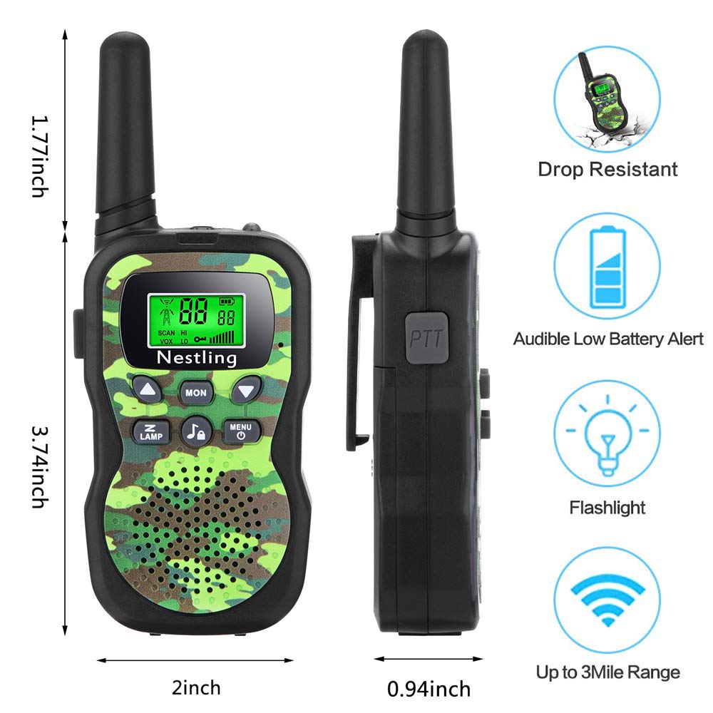 Nestling Walkie Talkies para Niños Pack de 3, Walkie-Talkies Infantiles con Largo Alcance 3 KM, Linterna, Función VOX, Regalos de Cumpleaños, Juguetes para Exterior Camping (4 Pilas AAA No Incluidas)