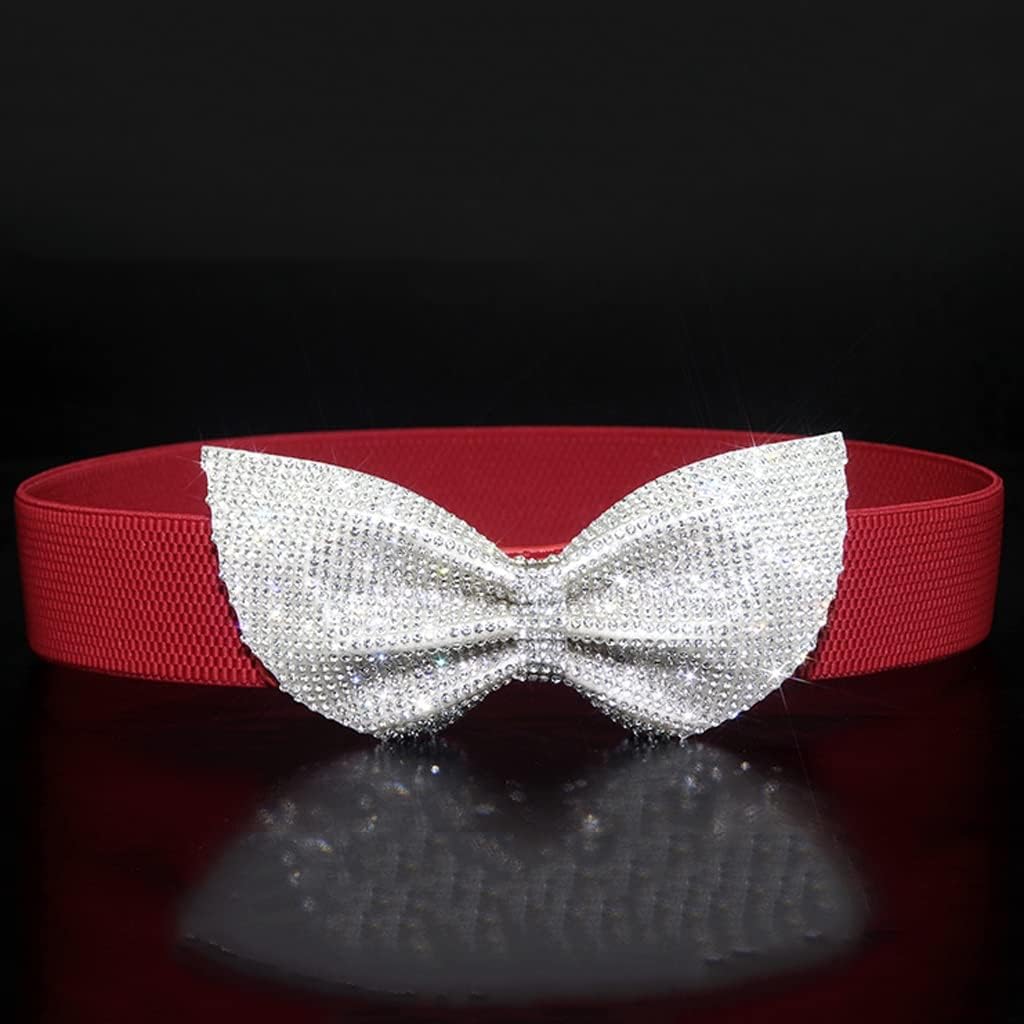 Belt Women's Models with Rhinestone Bow Hundred with Feather Dresses Elastic Waist Seal White(Blue)