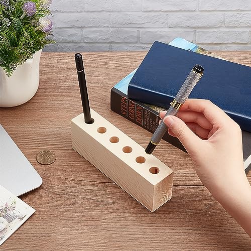 OLYCRAFT 6-Hole Wood Desktop Pen Holder - Natural/Elegant Brown Wooden Pen Organizer - Office & Home - 6.1x1.4x2.1 inches - Image 3