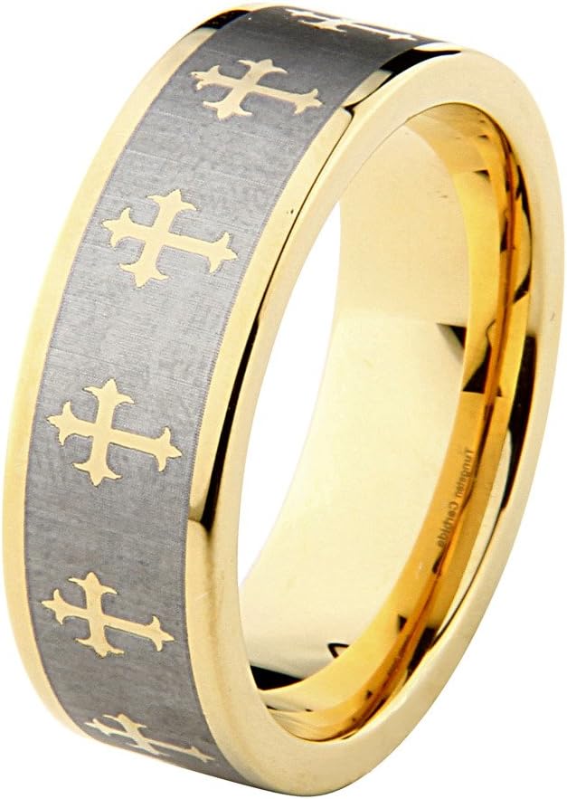 GoldenMine *Laser Engraving Service* 8mm Celtic Design Cross Tungsten Gold Plated Comfort-fit Wedding Band Ring (Size 5 to 15)