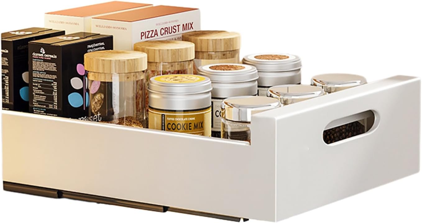 Pull Out Cabinet Organizer, Slide Out Drawer Carbon Steel Kitchen Storage Basket Roll-Out Shelf Pull Out Storage Box Set Cabinet Drawers Storage Racks Carbon Steel Kitchen Storage Basket 25cm elegant white 25cm elegant white