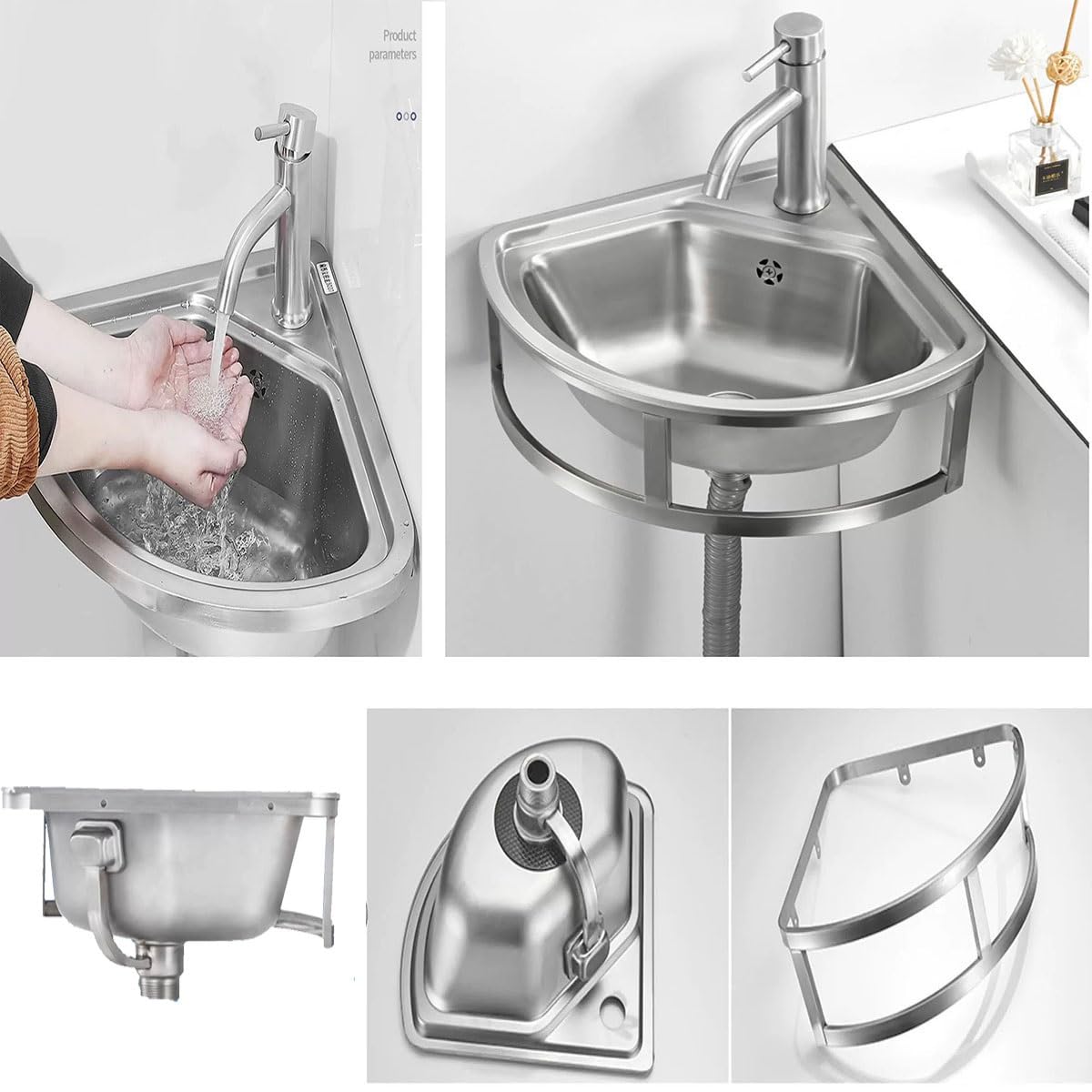 Lavello angolare da parete per bagno, 455x390 mm Lavabo da cucina Vasca Singola con Troppopieno Lavabo In Acciaio Inossidabile Lavamani per Ristorante