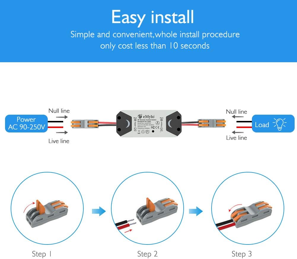 Diagram showing easy installation steps for the eMylo Smart Switch, connecting power and load using wiring clips.