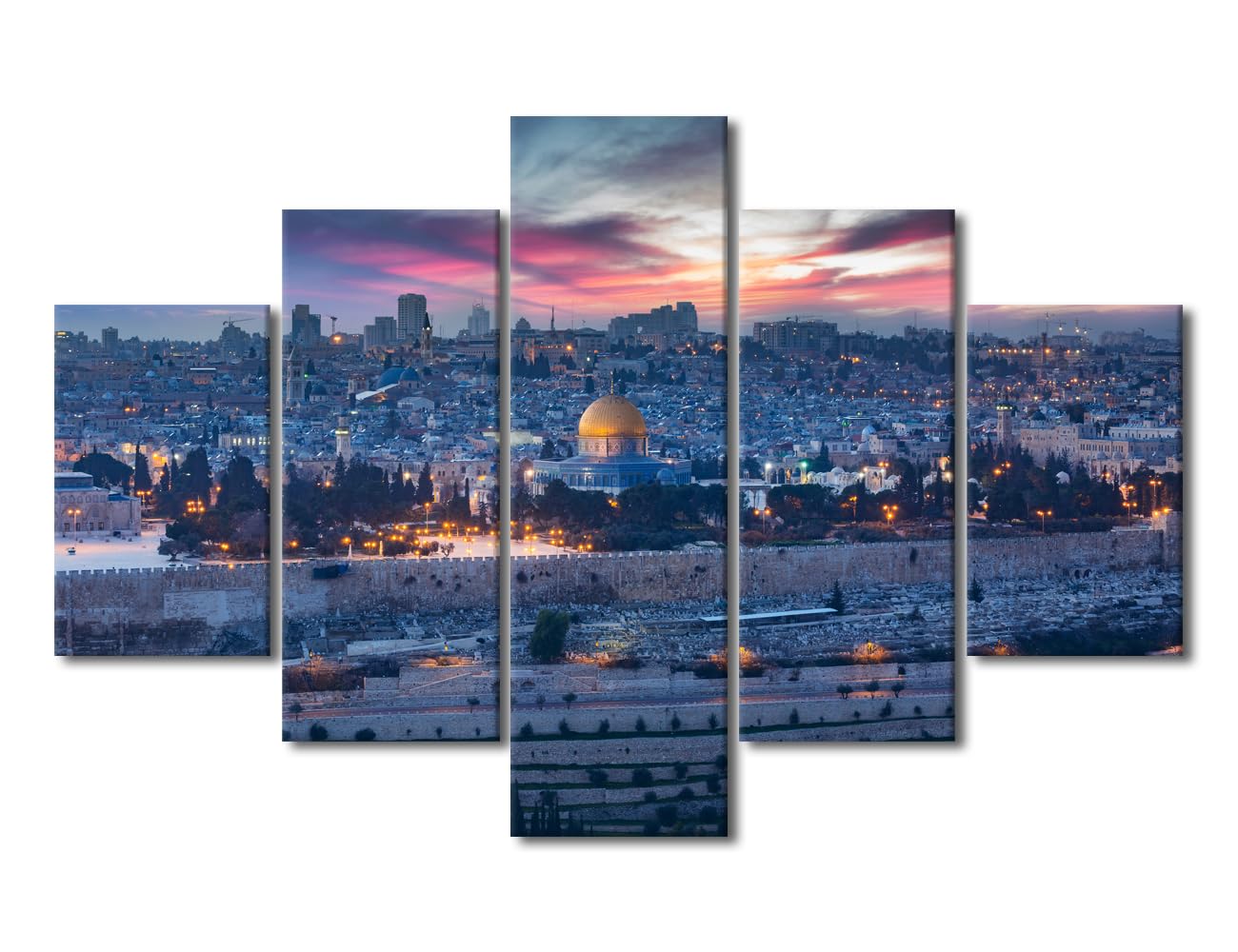 5 Pieces Skyline Wall Art Temple Mount Natural Landscape Painting Prints on Canvas Judaism Religion Picture Canvas Wall Art for Living Room Bedroom Stretched Framed Poster Ready to Hang - 60"Wx40"H