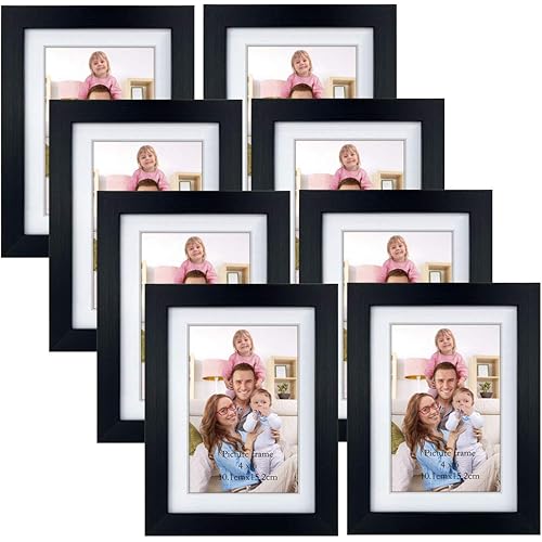 Giftgarden 4x6 Picture Frame Set of 8, Matted to Display 4 x 6 Photo with Mat or 5x7 without Mat for Wall or Tabletop Display, Black