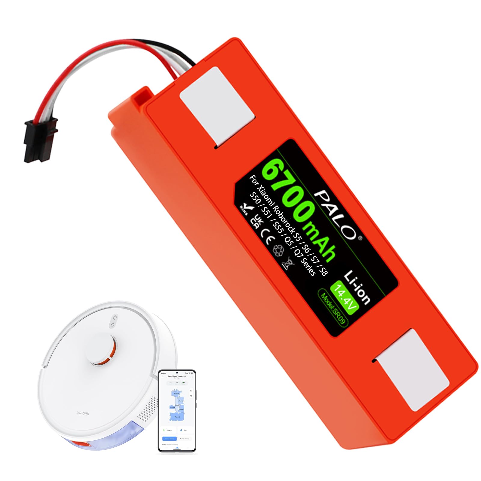 6700mAh Batterie pour Xiaomi Roborock S5/S6/S7/S8 Max MaxV Ultra Plus Pro Ultra Pure, S50,S55, Q5 Q7 Max+ Plus, Brr-2p4s-5200s, Mijia 1:a Och 2:a generationens robotdammsugare