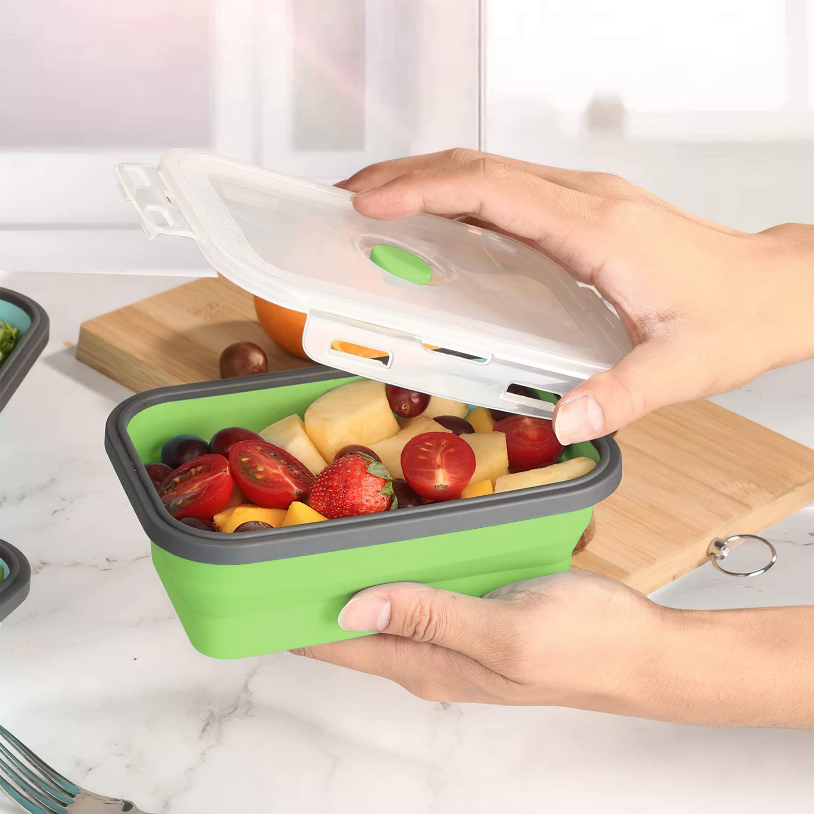 Recipiente de silicona plegable con tapa, fiambrera portátil para picnic al aire libre que ahorra espacio, apto para microondas, lavavajillas y congelador, juego de 4(verde)