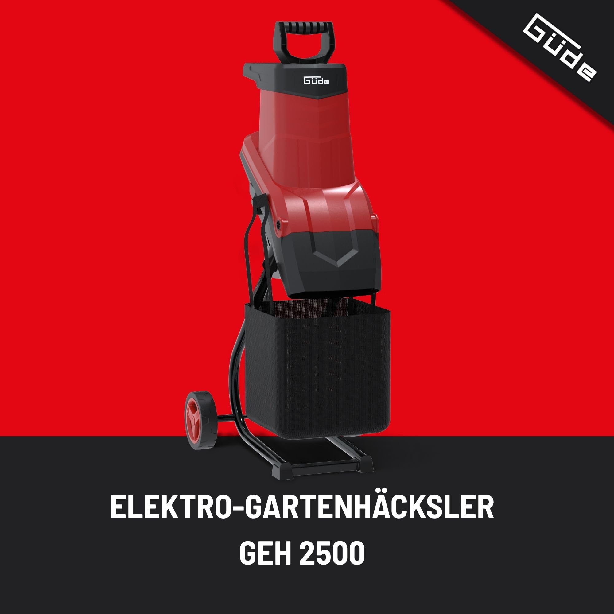 Güde Elektro-Gartenhäcksler GEH 2500, 2500 Watt, 45 mm maximale Aststärke | Messerhäcksler, kraftvolles Zerkleinern von Gartenmaterial, 50 l Fangsackvolumen, Fahrgestell mit zwei Transportrollen